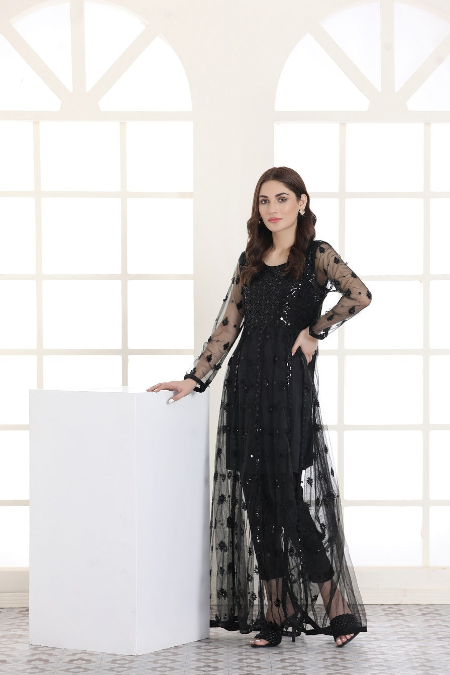 Sleek Black Net Embroidery Gown – Tirumala Designers